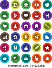 White Solid Icon Set- toilet vector, foam basin, kettle, skimmer, pencil, glasses, student, bell, annual report, fitball, roller Skates, shuttlecock, truck trailer, tulip, battery, heart cross, pool
