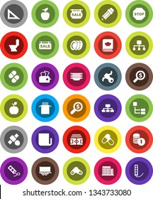 White Solid Icon Set- toilet vector, plates, cookbook, pasta, pencil, corner ruler, apple fruit, coin stack, money search, hierarchy, stadium, pills, satellite, truck trailer, newspaper, stop