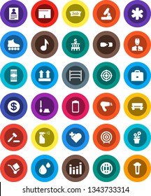 White Solid Icon Set- toilet brush vector, sprayer, pasta, case, microscope, music, personal information, bank building, target, shorts, roller Skates, heart cross, cargo, top sign, shelving, doctor