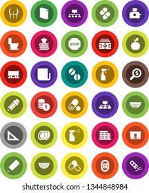 White Solid Icon Set- toilet vector, washing powder, sprayer, colander, cookbook, plates, pencil, corner ruler, apple fruit, coin stack, money search, hierarchy, stadium, buttocks, pills, newspaper