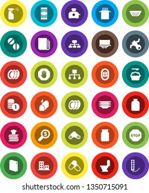 White Solid Icon Set- toilet vector, washing powder, sprayer, plates, colander, cookbook, jar, pasta, coin stack, money search, hierarchy, pills, stadium, satellite, truck trailer, newspaper, stop