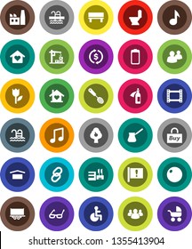 White Solid Icon Set- toilet vector, skimmer, turk coffee, glasses, music, exchange, fitball, pool, attention, truck trailer, dry cargo, tulip, film frame, link, group, battery, disabled, potion