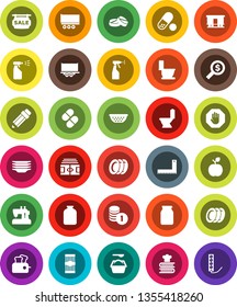 White Solid Icon Set- toilet vector, washing powder, sprayer, plates, colander, cookbook, jar, pasta, pencil, corner ruler, apple fruit, coin stack, money search, stadium, pills, truck trailer, stop