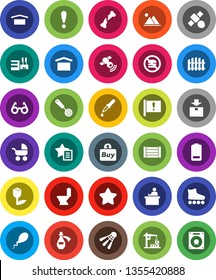 White Solid Icon Set- toilet vector, skimmer, glasses, student, roller Skates, shuttlecock, no fastfood, attention, satellite, wood box, dry cargo, tulip, package, satellitie, battery, dropper, star