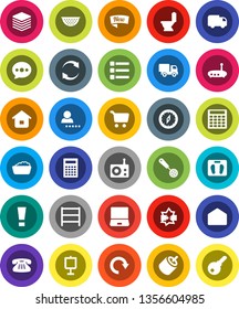 White Solid Icon Set- toilet vector, foam basin, colander, skimmer, calculator, compass, presentation, cart, scales, shelving, radio, notebook pc, classic phone, mail, rca, disconnection, big data