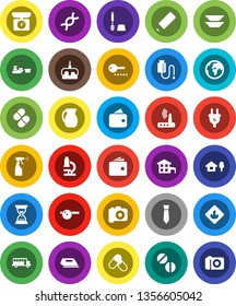 White Solid Icon Set- toilet brush vector, sprayer, plates, jug, cake, pencil, microscope, school bus, wallet, sand clock, tie, pills, earth, port, flammable, camera, dna, eye doctor hat, router