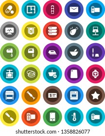 White Solid Icon Set- toilet brush vector, cook press, spatula, cutting board, mixer, thermometer, chicken leg, dollar flag, pills, heart monitor, hoop, traffic light, video camera, mobile phone