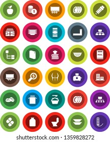 White Solid Icon Set- toilet vector, washing powder, plates, colander, cookbook, jar, pasta, pencil, corner ruler, apple fruit, coin stack, money search, hierarchy, stadium, buttocks, truck trailer