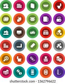 White Solid Icon Set- toilet vector, washing powder, plates, colander, cookbook, pasta, pencil, corner ruler, coin stack, money search, stadium, pills, satellite, truck trailer, newspaper, mailbox