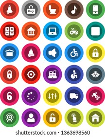 White Solid Icon Set- toilet vector, bell, notebook pc, music, university, target, dry cargo, satellitie, speaker, gamepad, settings, mobile phone, touchscreen, stop button, disabled, loading, lock