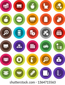 White Solid Icon Set- toilet vector, sprayer, plates, colander, jar, pasta, pencil, apple fruit, coin stack, money search, hierarchy, stadium, pills, Railway carriage, satellite, truck trailer, stop