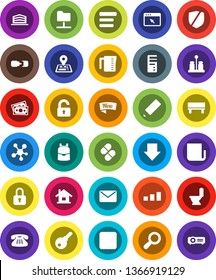 White Solid Icon Set- toilet vector, measuring cup, spices, pencil, backpack, arrow down, navigator, money, sorting, protected, newspaper, classic phone, social media, pause button, pills, browser