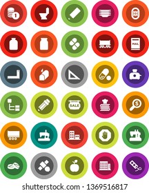White Solid Icon Set- toilet vector, plates, cookbook, jar, pencil, corner ruler, apple fruit, coin stack, money search, pills, stadium, Railway carriage, satellite, truck trailer, hierarchy, stop