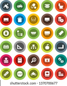 White Solid Icon Set- toilet vector, colander, cookbook, plates, pasta, pencil, corner ruler, apple fruit, coin stack, money search, buttocks, pills, Railway carriage, satellite, truck trailer, stop