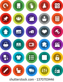 White Solid Icon Set- toilet vector, ruler, bell, arrow up, calendar, satellitie, settings, mobile phone, touchscreen, group, heart, thumbtack, stop button, redo, loading, cottage, smart home, cash