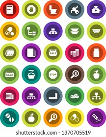 White Solid Icon Set- toilet vector, washing powder, colander, plates, jar, corner ruler, apple fruit, coin stack, money search, hierarchy, pills, satellite, newspaper, stop, mailbox, sale signboard