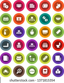 White Solid Icon Set- toilet vector, sprayer, plates, colander, cookbook, pencil, corner ruler, apple fruit, coin stack, money search, hierarchy, stadium, truck trailer, Railway carriage, newspaper