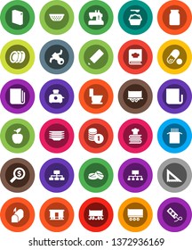 White Solid Icon Set- toilet vector, washing powder, plates, colander, cookbook, jar, pasta, pencil, corner ruler, apple fruit, coin stack, money search, hierarchy, pills, Railway carriage, mailbox