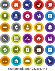 White Solid Icon Set- toilet vector, plates, corner ruler, constellation, percent growth, case, auction, calculator, cent sign, shorts, navigator, clock, protected, social media, hdmi, syringe, open
