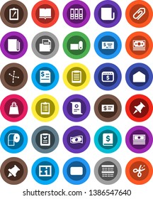 White Solid Icon Set- toilet paper vector, book, clipboard, pin, certificate, constellation, exam, cash, check, annual report, binder, dollar calendar, fitness mat, money, document, newspaper, mail