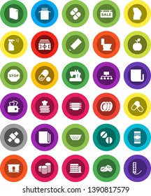 White Solid Icon Set- toilet vector, washing powder, sprayer, plates, colander, cookbook, pasta, pencil, apple fruit, coin stack, hierarchy, stadium, buttocks, pills, satellite, Railway carriage