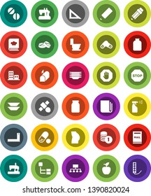White Solid Icon Set- toilet vector, sprayer, plates, cookbook, jar, pencil, corner ruler, apple fruit, coin stack, hierarchy, buttocks, pills, satellite, newspaper, stop, mailbox, apartments