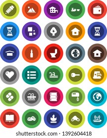 White Solid Icon Set- toilet vector, oil, book, pencil, world, wallet, sand clock, pool, earth, port, dry cargo, flammable, heart, pills, loading, cottage, fruit tree, mountain, key, home, menu