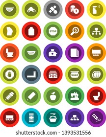 White Solid Icon Set- toilet vector, washing powder, sprayer, colander, plates, jar, pasta, pencil, corner ruler, apple fruit, coin stack, money search, hierarchy, stadium, buttocks, satellite, stop