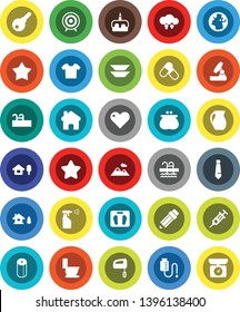 White Solid Icon Set- toilet vector, sprayer, paper, plates, jug, cake, pencil, microscope, tie, scales, target, pills, pool, earth, heart, syringe, drop counter, cloud exchange, home, chalet, star