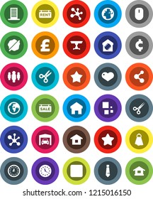 White Solid Icon Set- towel vector, splotch, scissors, molecule, clock, man, tie, pound, cent sign, earth, heart, rec button, home, loading, garage, sale signboard, rent, table, smart, building