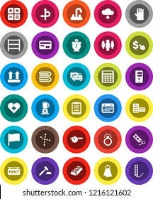 White Solid Icon Set- towel vector, rubber glove, water tap, alarm clock, clipboard, flag, constellation, gold ingot, auction, calculator, man, dollar cursor, route, calendar, top sign, shelving