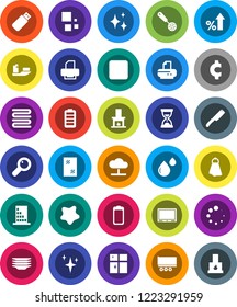 White Solid Icon Set- towel vector, shining, window cleaning, splotch, plates, skimmer, knife, percent growth, sand clock, cent sign, ship, truck trailer, battery, stop button, magnifier, blood drop