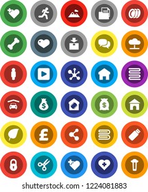 White Solid Icon Set- towel vector, plates, scissors, molecule, leaf, money bag, man, pound, heart cross, bone, run, document, package, dialog, play button, cloud network, home, lock, mountain, usb