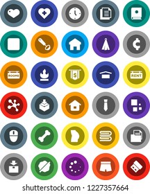 White Solid Icon Set- towel vector, splotch, ladle, clock, dollar flag, tie, cent sign, buttocks, shorts, molecule, heart cross, bone, document, dry cargo, package, flammable, stop button, home, usb