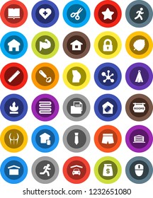 White Solid Icon Set- towel vector, ladle, book, ruler, scissors, molecule, leaf, tie, muscule hand, buttocks, shorts, heart cross, run, document, dry cargo, flammable, home, garage, rooms signboard