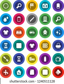 White Solid Icon Set- towel vector, shining, skimmer, knife, cutting board, bbq, school building, bus, magnifier, percent growth, sand clock, dollar flag, scales, t shirt, water bottle, hoop, route
