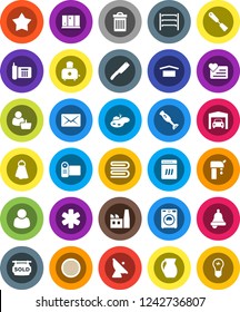 White Solid Icon Set- towel vector, trash bin, washer, shining window, spatula, knife, toaster, blender, jug, sieve, bell, heart monitor, phone, dry cargo, shelving, satellite antenna, mail, pond