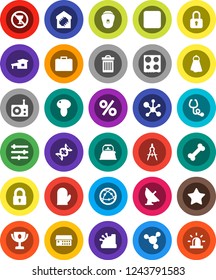 White Solid Icon Set- towel vector, trash bin, kettle, cook glove, oven, mushroom, drawing compass, award cup, molecule, case, no alcohol sign, bone, satellite antenna, radio, internet, favorites