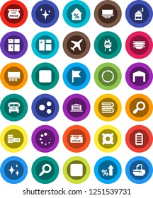 White Solid Icon Set- towel vector, shining, window cleaning, plates, hand mill, bbq, school building, bus, flag, magnifier, percent growth, any currency, hoop, plane, truck trailer, battery, rec