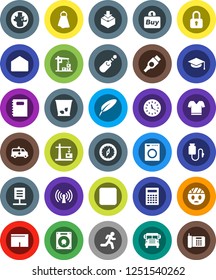 White Solid Icon Set- towel vector, trash bin, copybook, graduate hat, pen, calculator, compass, school bus, world, shorts, t shirt, run, clock, package, mail, rec button, hdmi, jack, amkbulance car