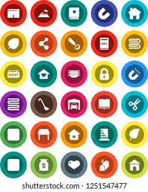 White Solid Icon Set- towel vector, plates, ladle, book, magnet, scissors, leaf, shorts, molecule, heart, stop button, forward, home, mailbox, mountain, garage, rent signboard, lock, table, love