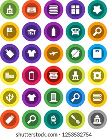 White Solid Icon Set- towel vector, splotch, shining window, skimmer, cutting board, bbq, school building, bus, magnifier, dollar flag, any currency, scales, t shirt, water bottle, plane, battery