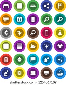 White Solid Icon Set- towel vector, shining, window, hand mill, bbq, school bus, flag, magnifier, dollar, cent sign, scales, t shirt, ship, truck trailer, battery, backward button, rec, blood drop