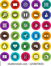 White Solid Icon Set- towel vector, grater, turk coffee, toaster, pencil, certificate, scissors, euro sign, jump rope, snickers, shorts, route, ship, consolidated cargo, search, film spool, group