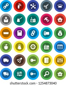 White Solid Icon Set- towel vector, measuring cup, turk coffee, copybook, apple fruit, molecule, magnifier, money bag, medal, shuttlecock, dry cargo, package, satellitie, settings, link, hdmi, chain