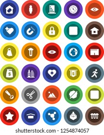 White Solid Icon Set- towel vector, splotch, ladle, magnet, molecule, man, dollar flag, shorts, heart cross, run, earth, clock, dry cargo, package, stop button, rec, eye, scissors, mountain, star