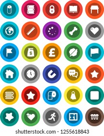 White Solid Icon Set- towel vector, splotch, toilet paper, book, ruler, magnet, flag, clock, pound, bone, run, earth, dialog, heart, stop button, cross, home, loading, lock, plan, table, star