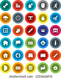 White Solid Icon Set- towel vector, ruler, scissors, flag, clock, dollar, tie, muscule hand, buttocks, shorts, bone, run, earth, dry cargo, flammable, blood drop, cloud network, home, garage, plan