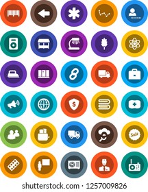 White Solid Icon Set- towel vector, shining window, toaster, cereal, blackboard, case, atom, table lamp, constellation, dollar shield, first aid kit, delivery, loudspeaker, internet, speaker, group