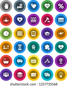 White Solid Icon Set- towel vector, rubber glove, bbq, clipboard, pie graph, investment, auction, binder, sand clock, heart pulse, calendar, cross, plane, route, hospital building, connect, big data